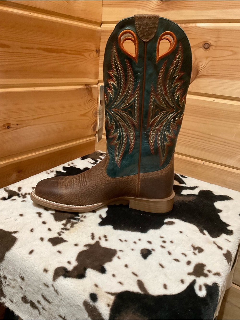 Aria Brown Leather Cowboy Boot with Teal Embroidered Shaft